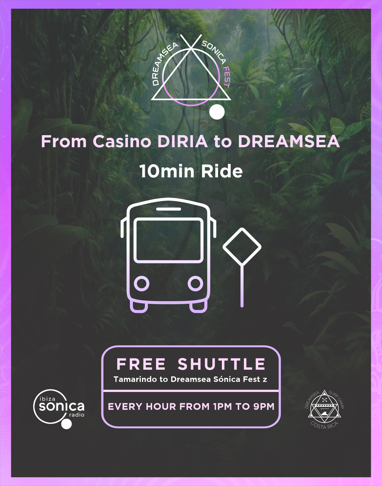 Dreamsea Costa Rica | Sonica Fest | Image | Image of a sign showing information about a free shuttle to the venue.