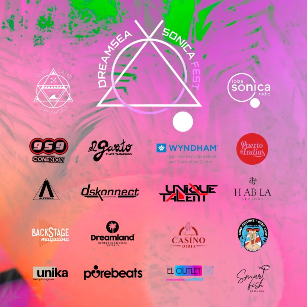 Dreamsea Costa Rica | Dreamsea Sonica Fest flyer logos | showing details about an upcoming music festival at Dreamsea Costa Rica in Tamarindo, Costa Rica
